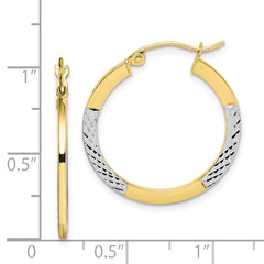 10K & Rhodium Diamond Cut 2.5x20mm Hoop Earrings