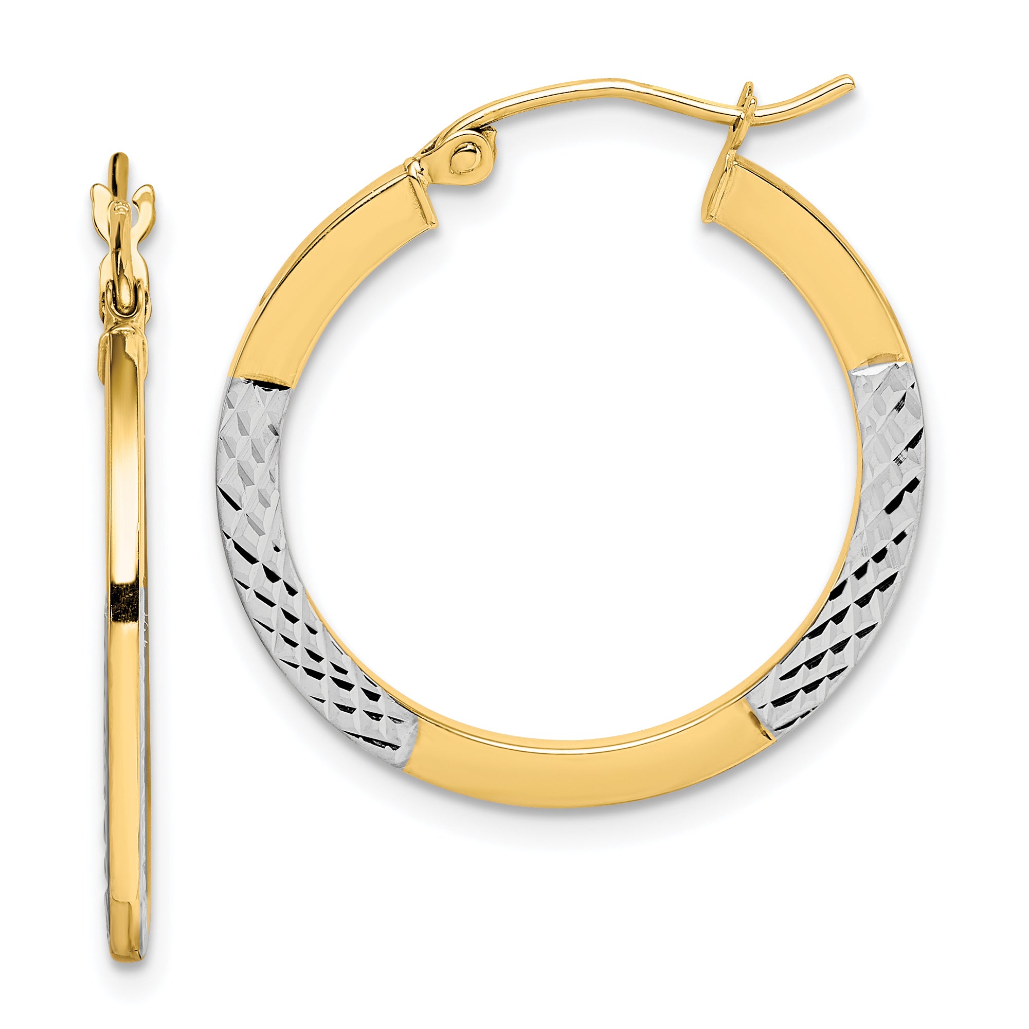10K & Rhodium Diamond Cut 2.5x20mm Hoop Earrings