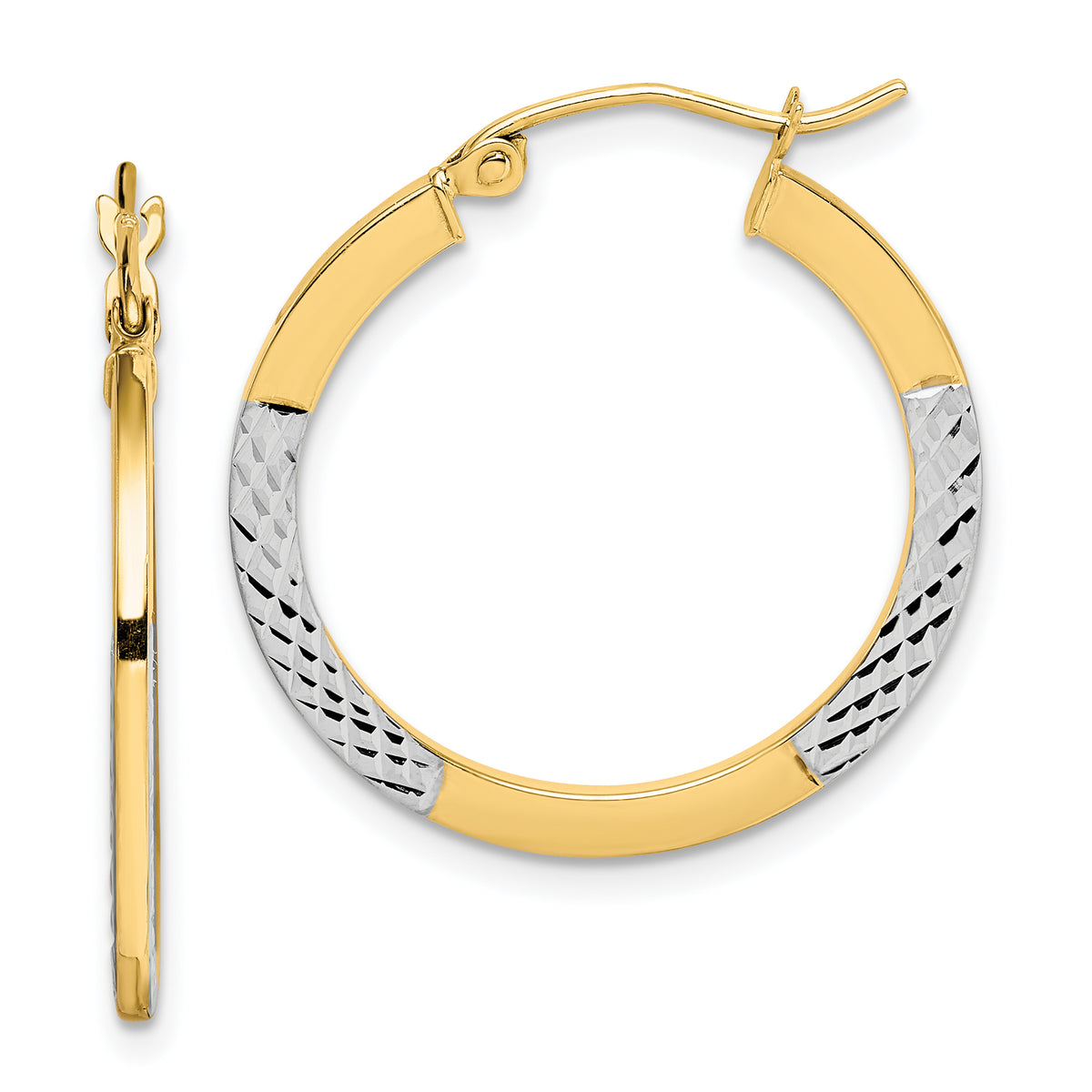 10K & Rhodium Diamond Cut 2.5x20mm Hoop Earrings