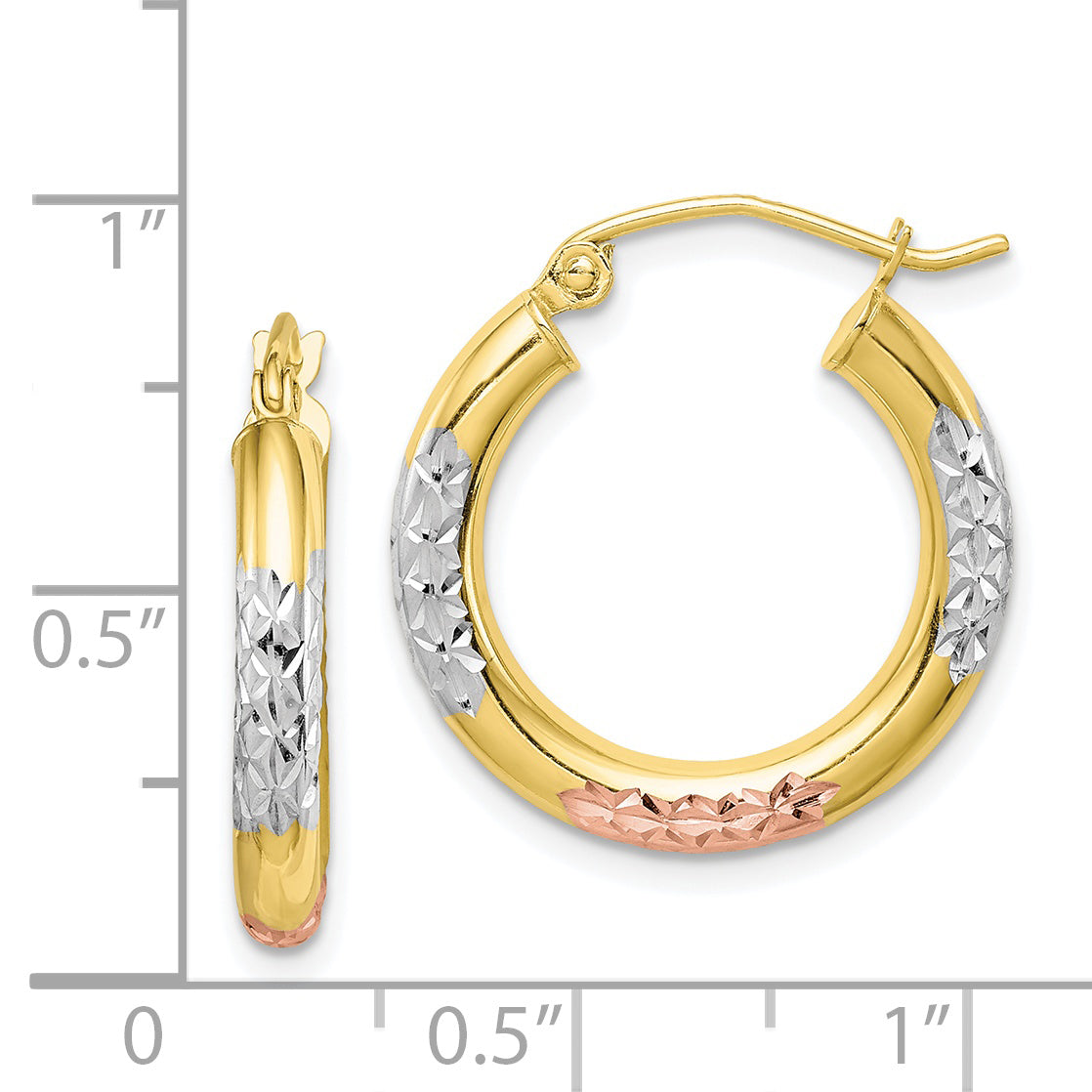 10K White & Rose Rhodium D/C 3x20mm Hoop Earrings
