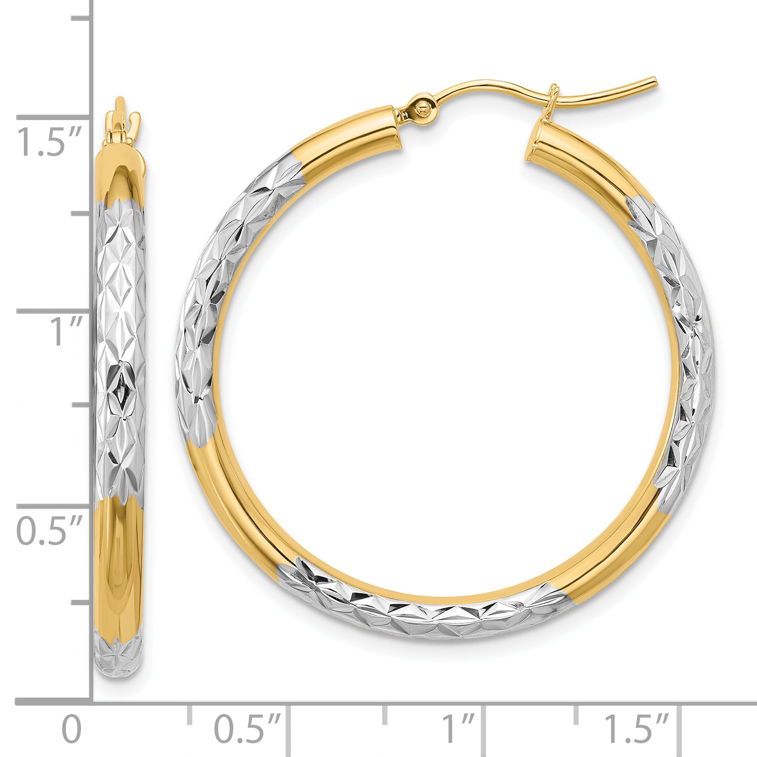 10K & Rhodium Diamond Cut 3mm Hoop Earrings