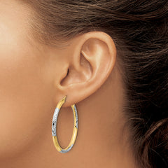 10K & Rhodium Diamond Cut 3mm Hoop Earrings