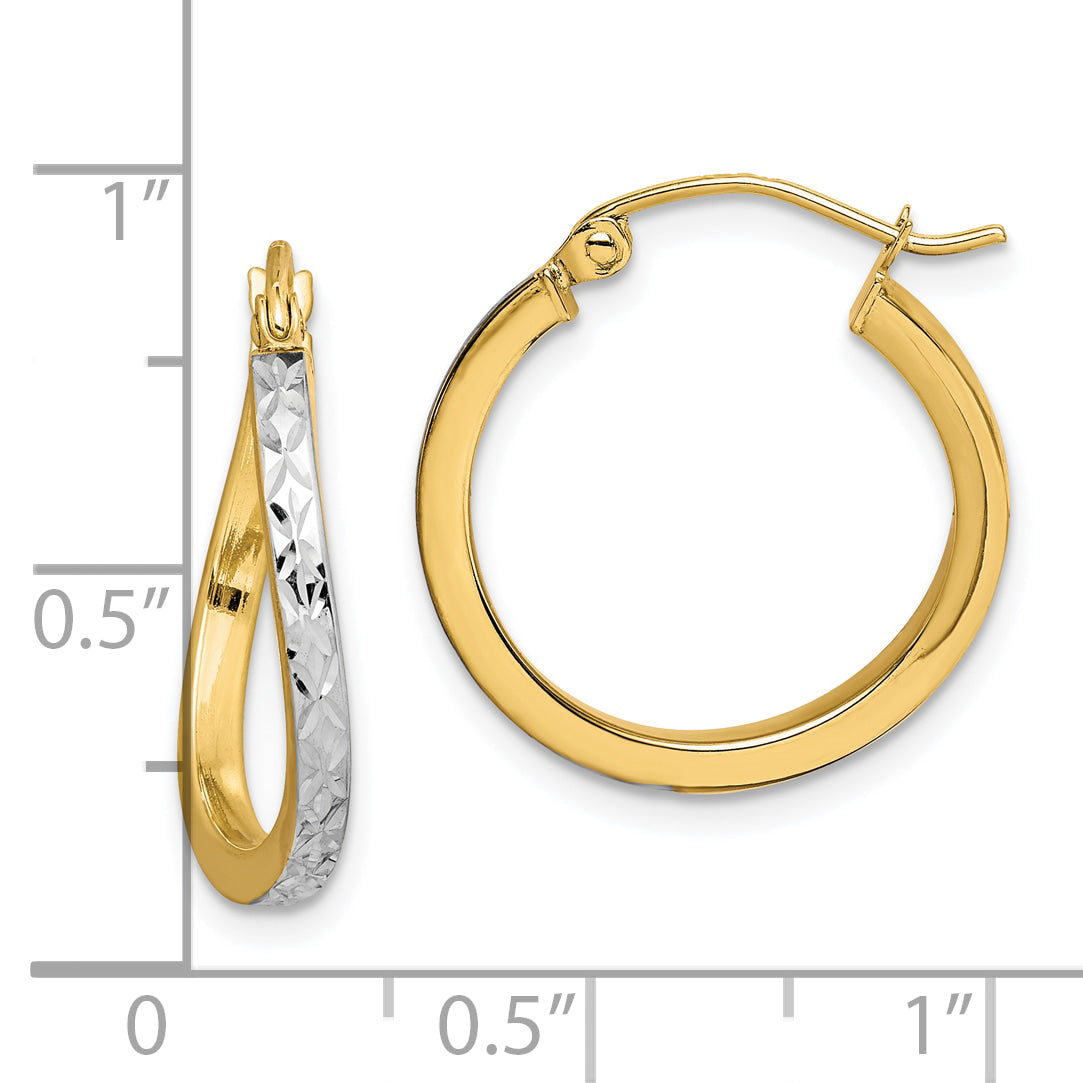 10k & Rhodium Diamond Cut Textured & Wavy Hoop Earrings