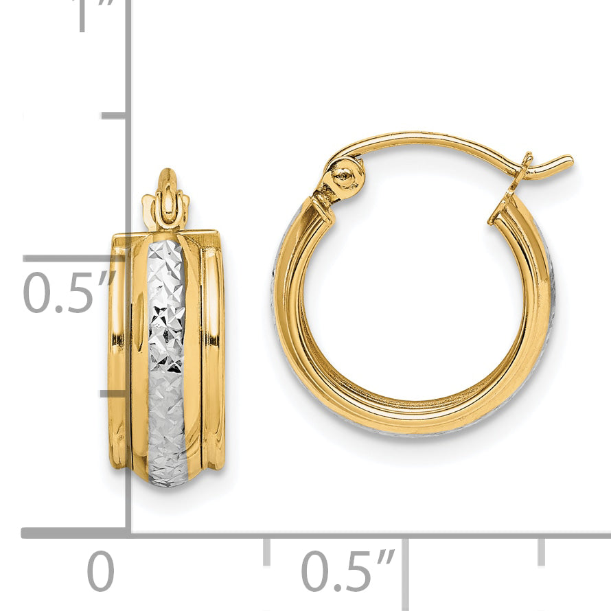 10K & Rhodium Diamond Cut Small Hoop Earrings