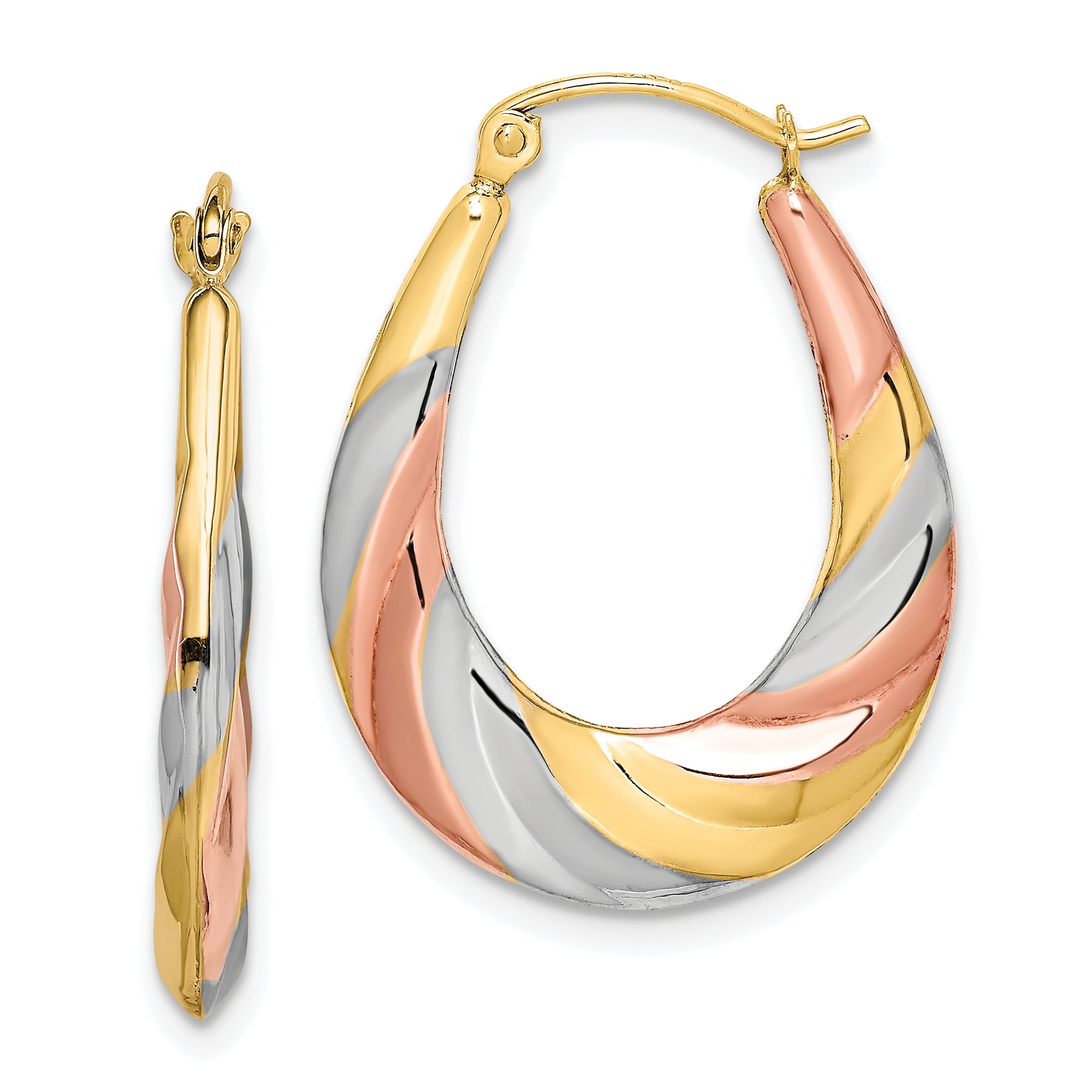 10K and Rhodium Oval Scalloped Hollow Hoop Earrings Main image