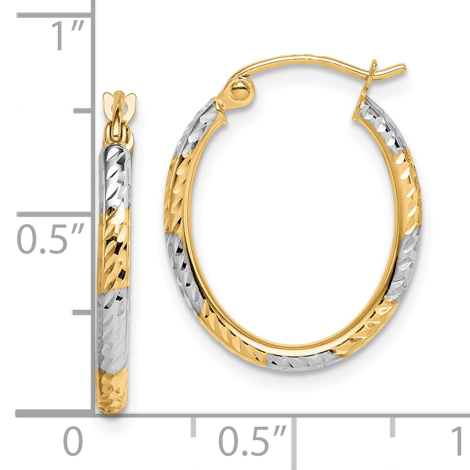 10K & Rhodium Diamond Cut Patterned Oval Hoop Earrings