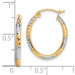 10K & Rhodium Diamond Cut Patterned Oval Hoop Earrings
