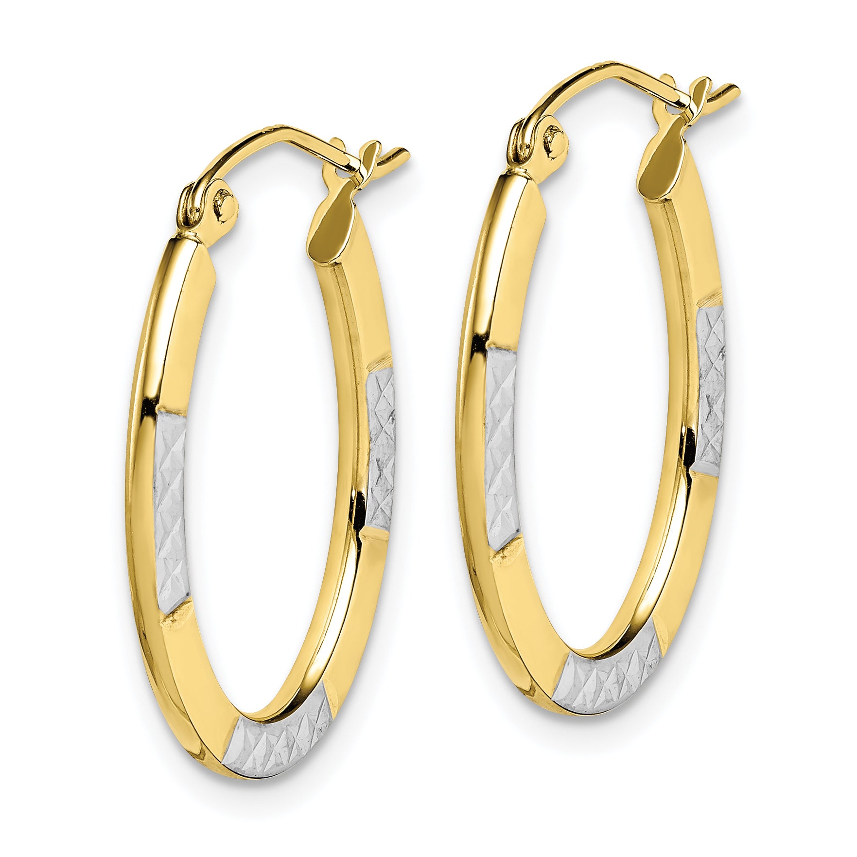 10K Gold & Rhodium Oval Hoop Earrings with Diamond-Cut Polished Finish