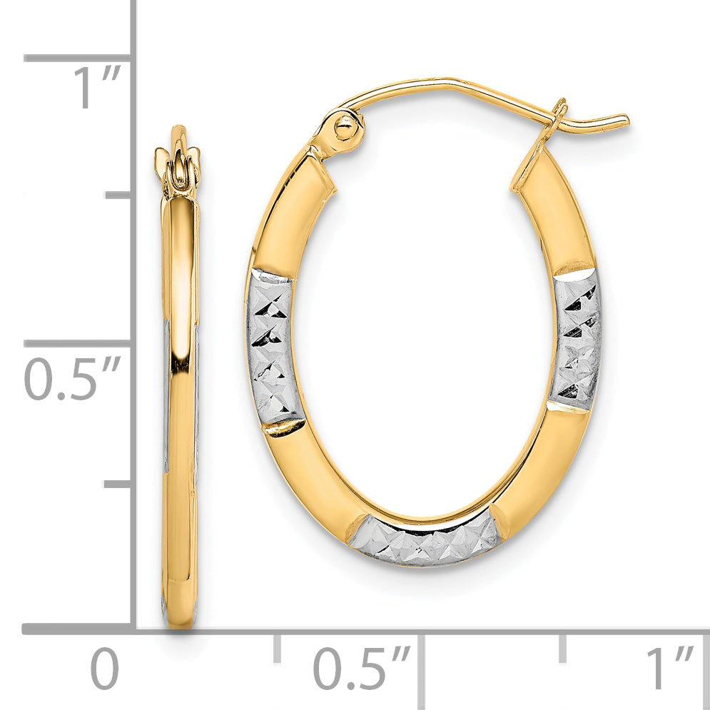 10K Gold & Rhodium Oval Hoop Earrings with Diamond-Cut Polished Finish
