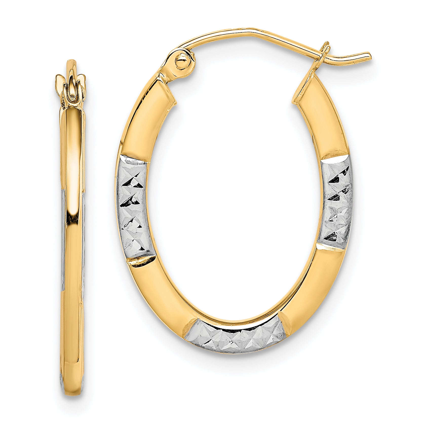 10K and Rhodium Diamond Cut Oval Hoop Earrings Main image