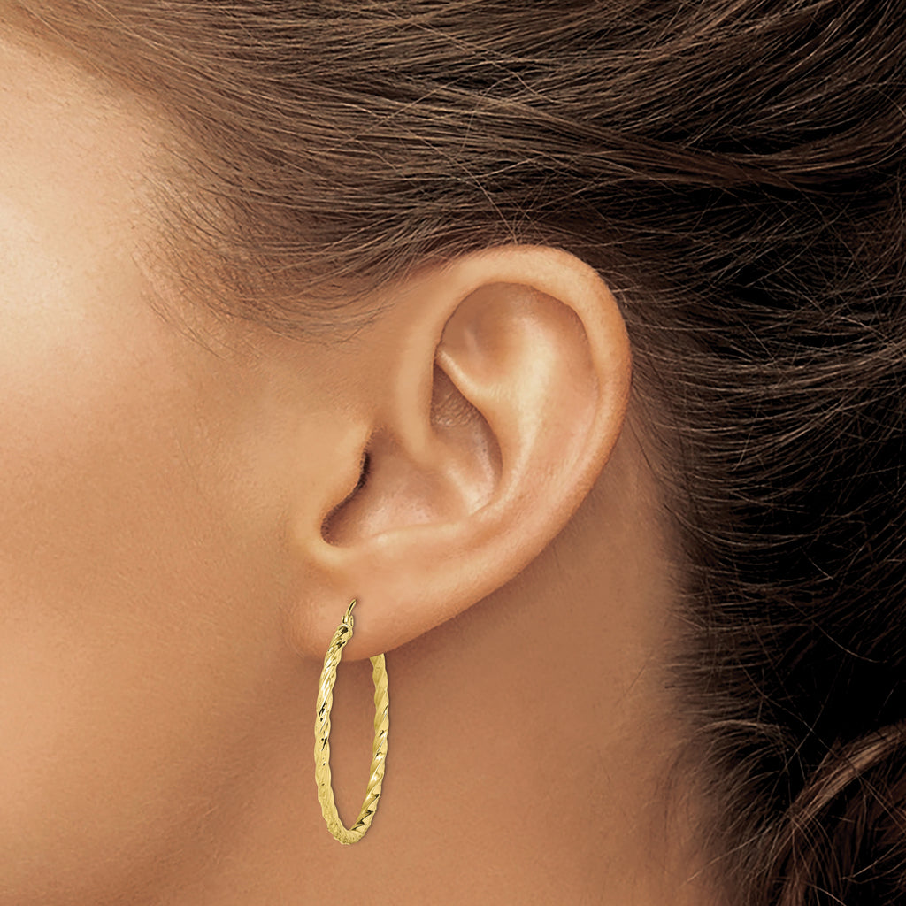 10K Gold Twisted Diamond-Cut Hoop Earrings 35mm Polished Finish