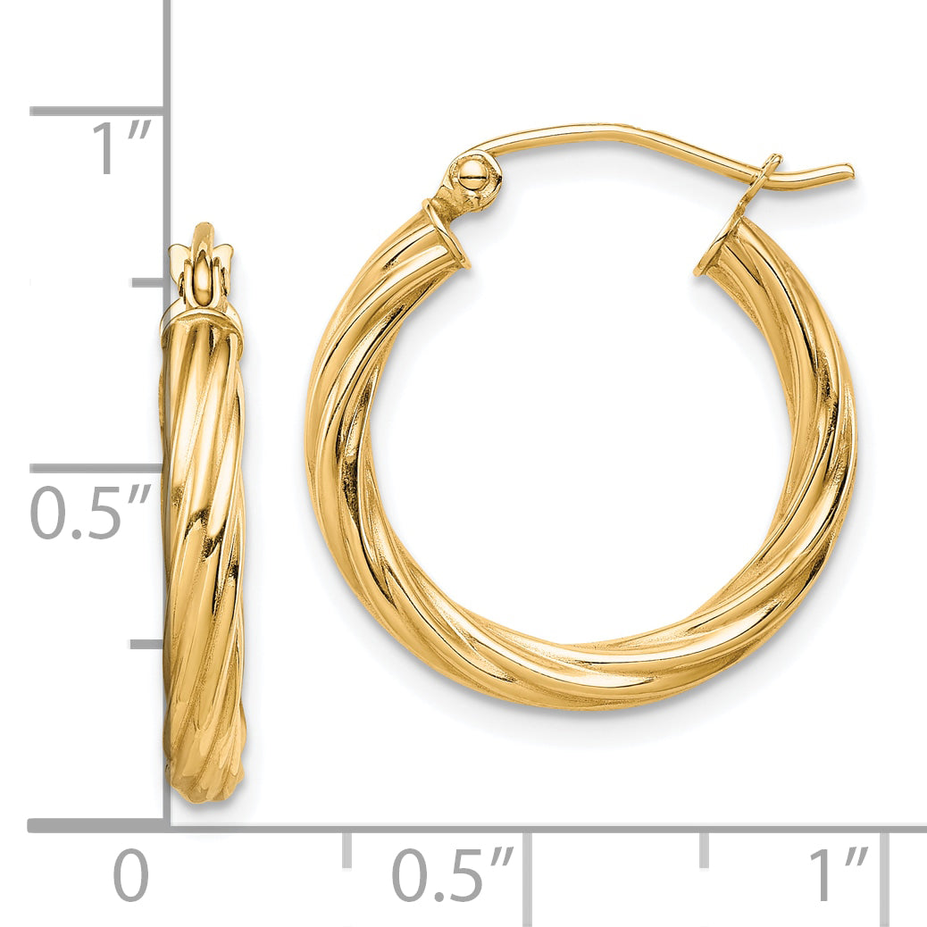 10K Gold Polished Twisted Hoop Earrings for Women, 3mm Premium Finish, 21mm