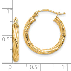 10K Gold Polished Twisted Hoop Earrings for Women, 3mm Premium Finish, 21mm