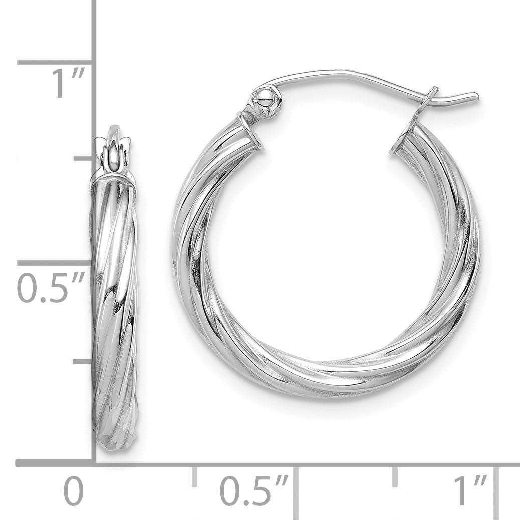 10K White Gold Polished Twisted Hoop Earrings for Women 3mm Elegant Design