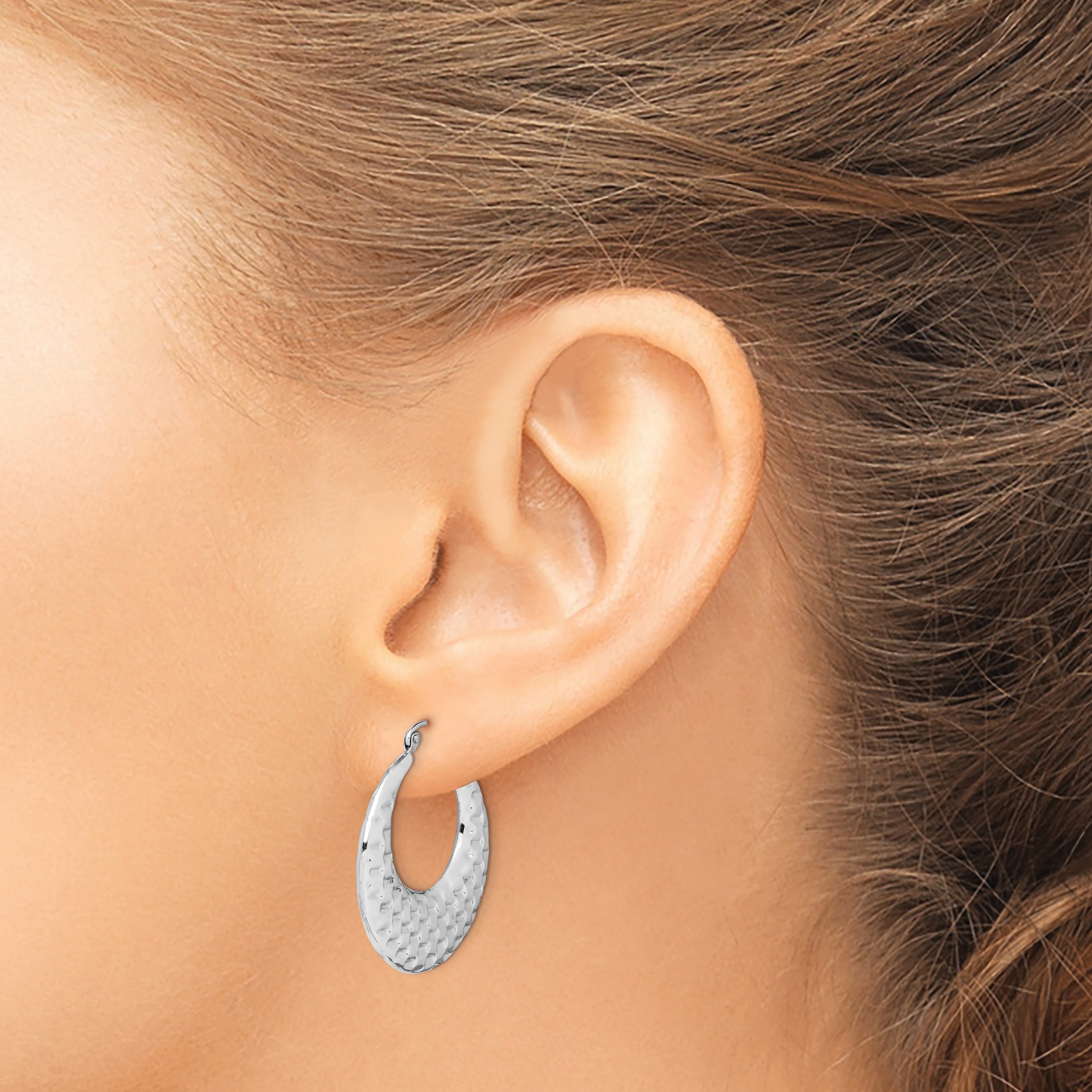 10k White Gold Polished Textured Hoop Earrings