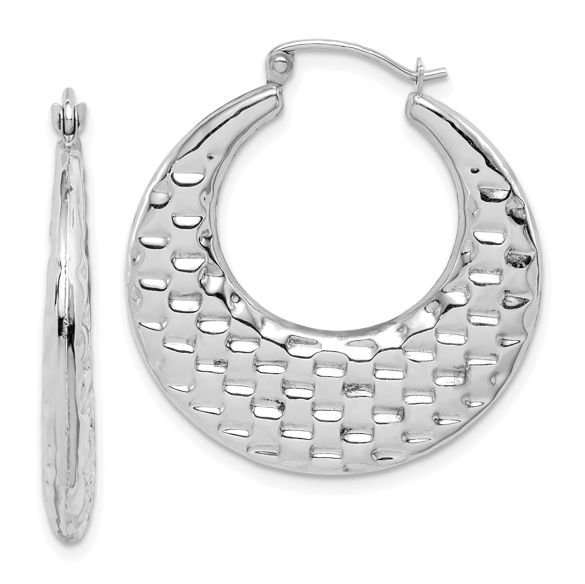 10k White Gold Polished Textured Hoop Earrings Main image