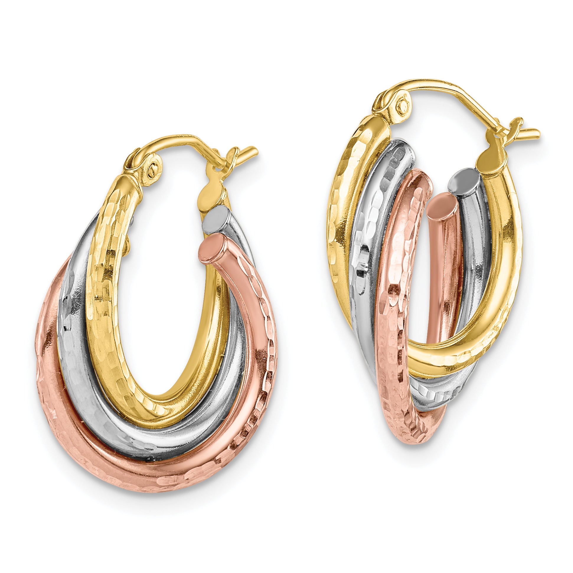 10k Tri-color Diamond-cut Triple Hoop Earrings Secondary image