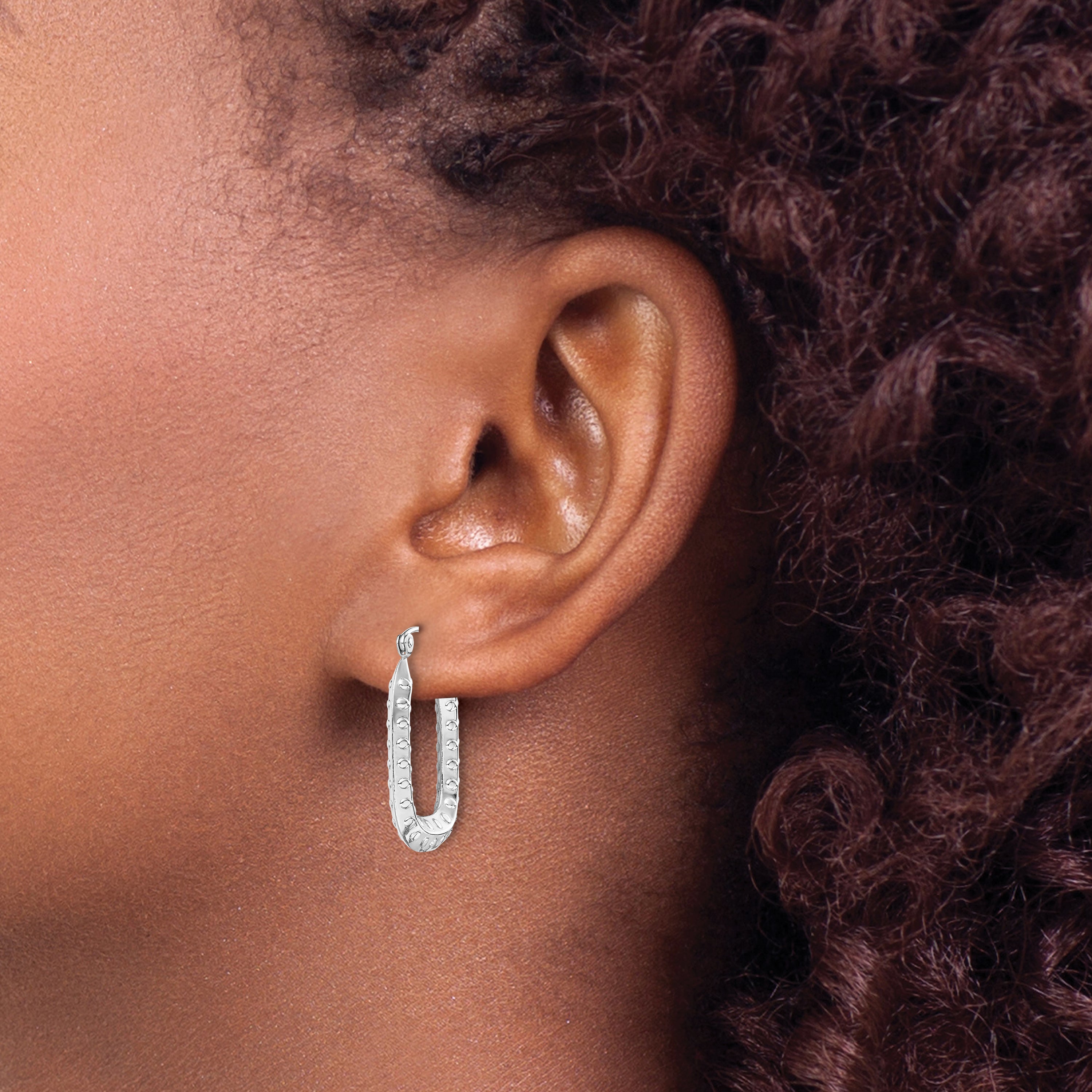 10k White Gold Polished Textured Rectangle Hoop Earrings