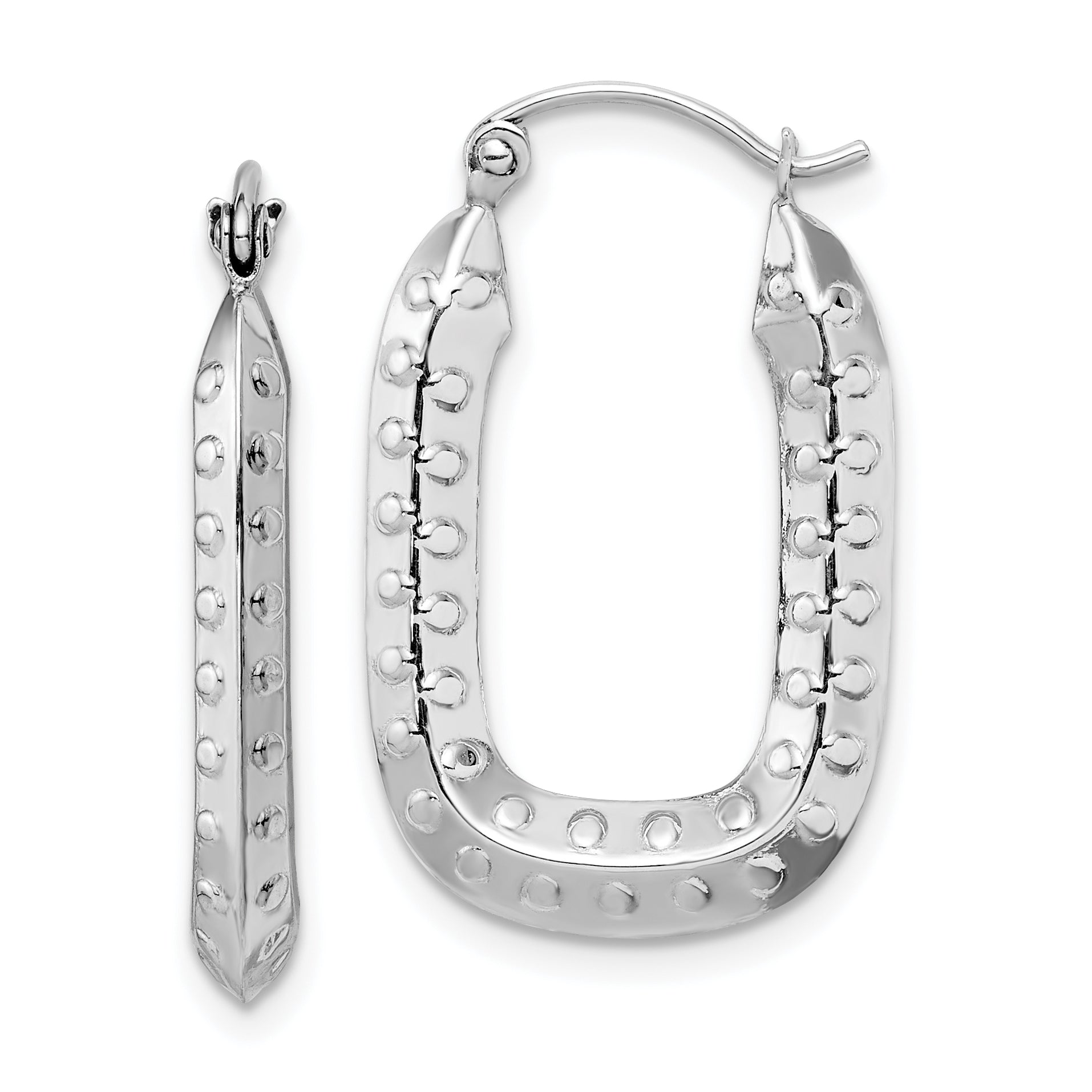 10k White Gold Polished Textured Rectangle Hoop Earrings Main image