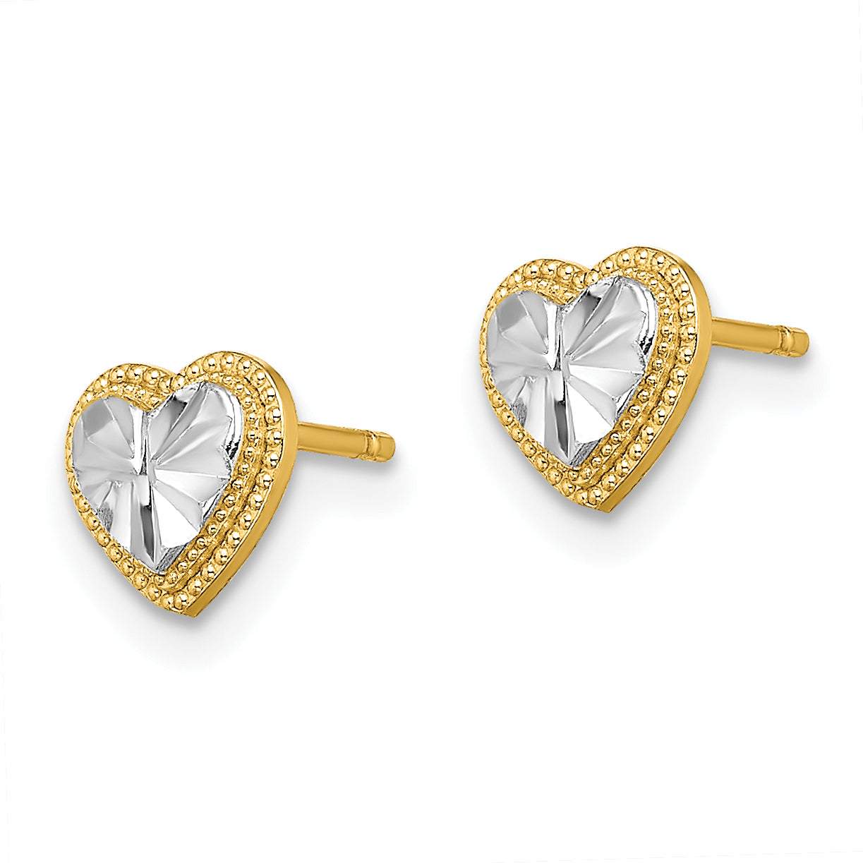 10K W/ Rhodium D/C Heart Post Earrings