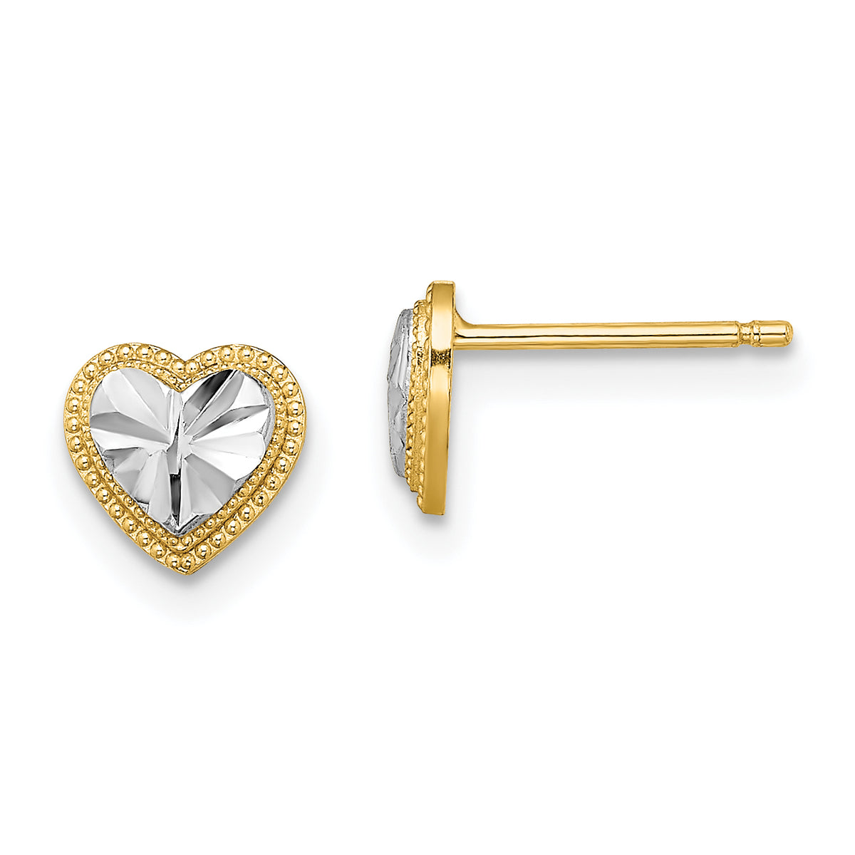 10K W/ Rhodium D/C Heart Post Earrings