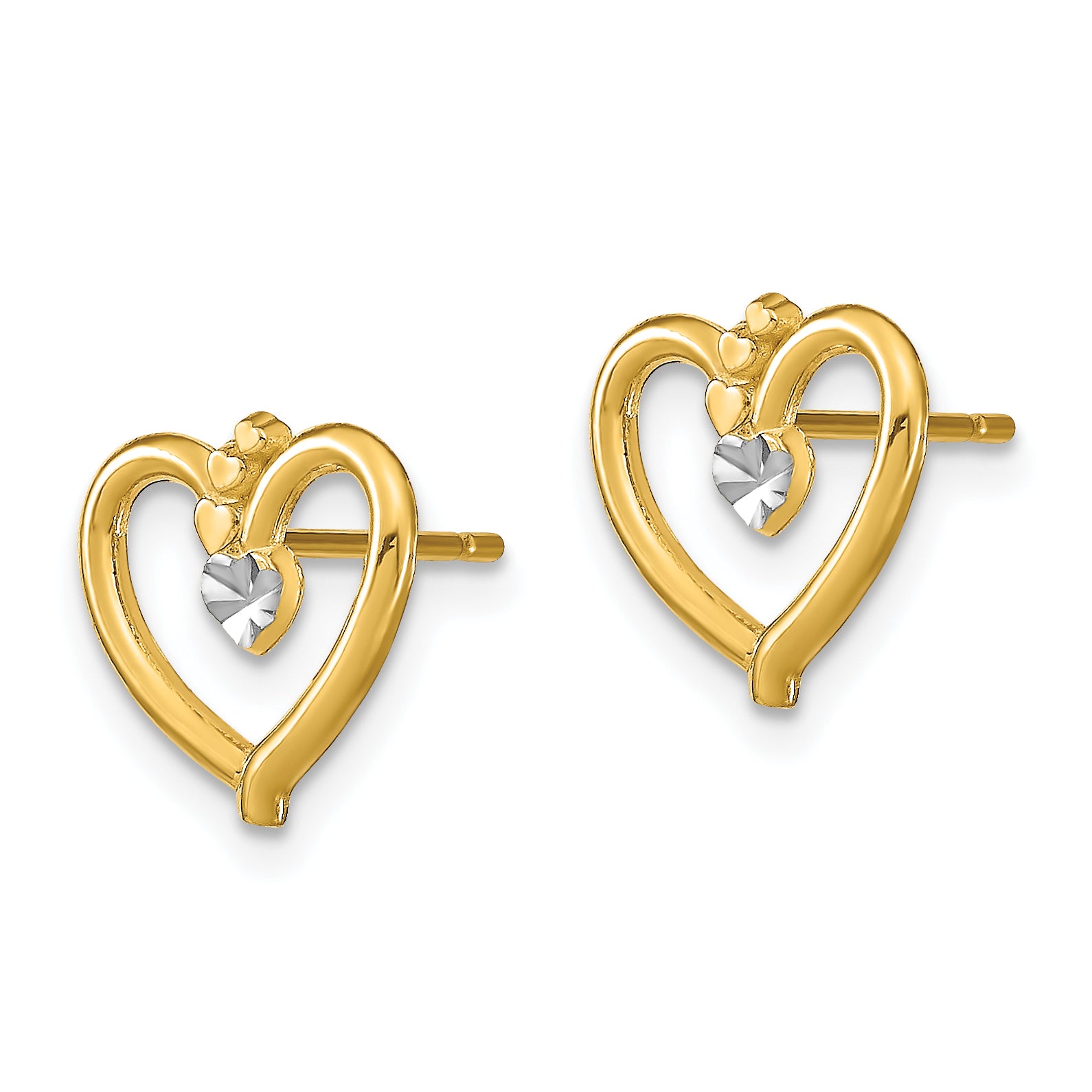 10k w/ Rhodium D/C Heart Post Earrings