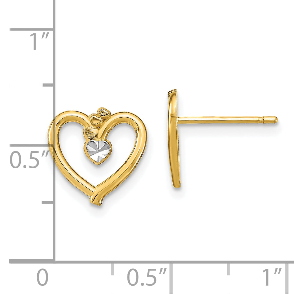 10k w/ Rhodium D/C Heart Post Earrings