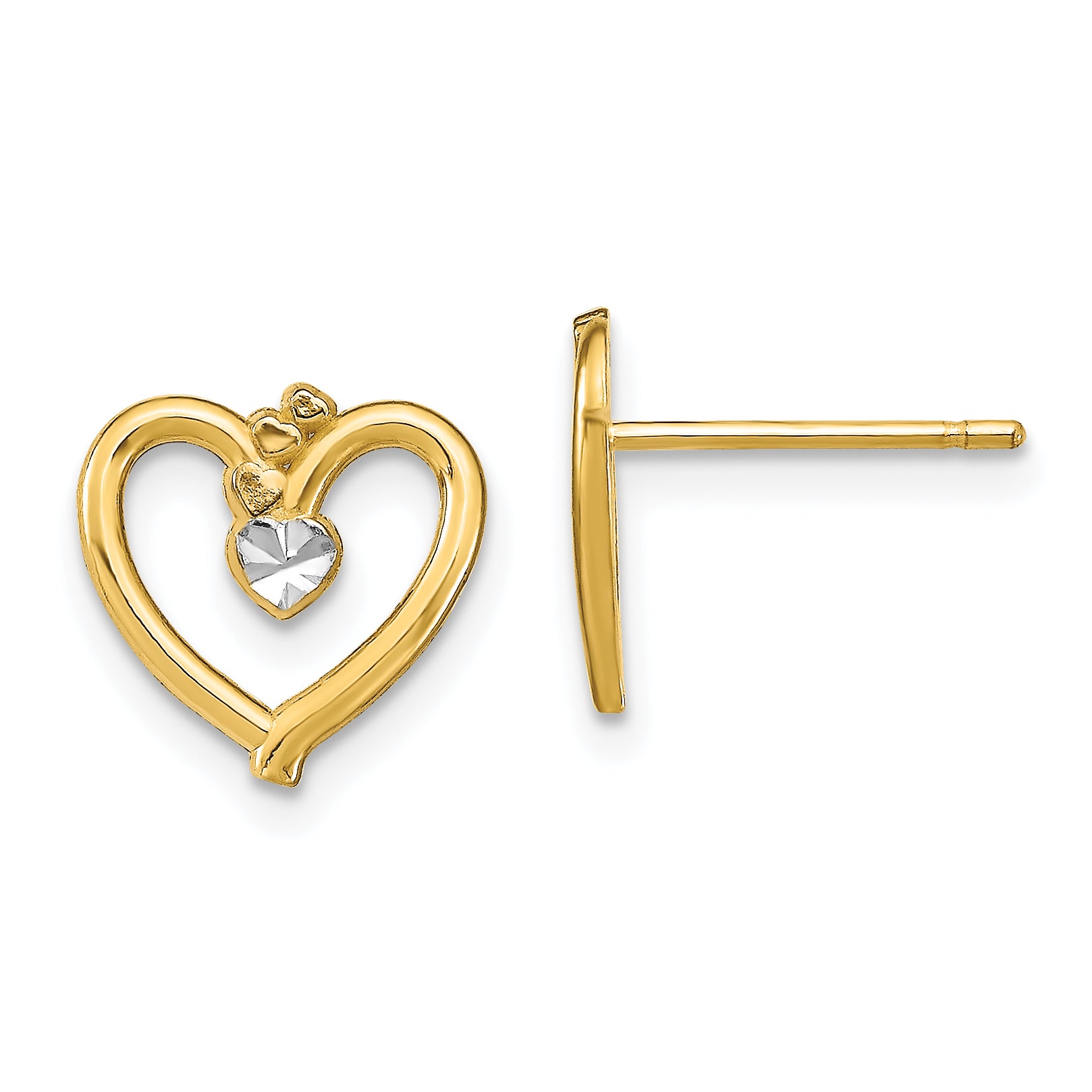 10k w/ Rhodium D/C Heart Post Earrings