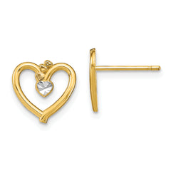 10k w/ Rhodium D/C Heart Post Earrings