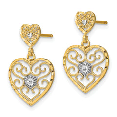 10k w/ RH Heart Beaded Filigree Dangle Earrings