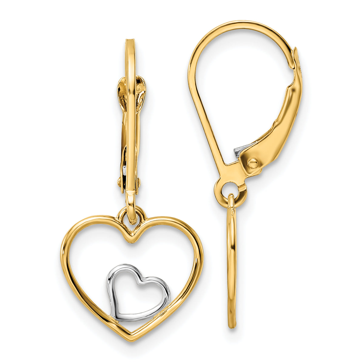 10k w/Rhodium Heart in Heart Leverback Dangle Earrings