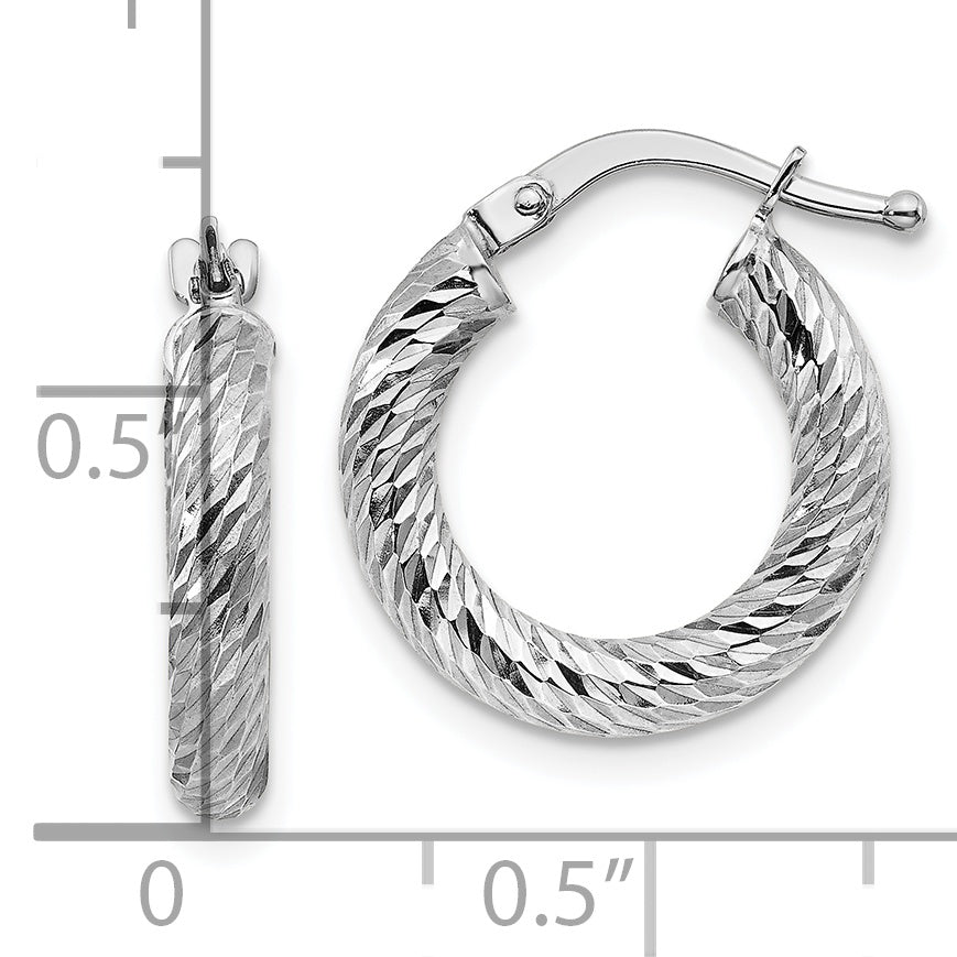 10K White Gold Diamond-Cut Hoop Earrings Polished Rhodium Finish