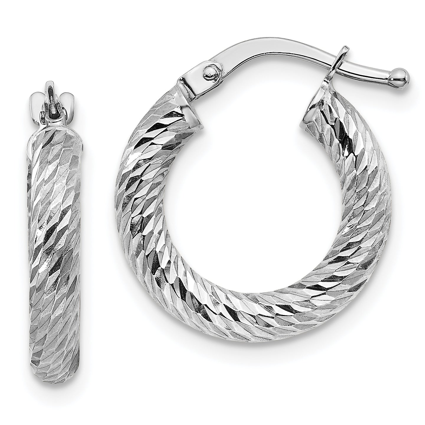 10k 3x10 White Gold Diamond-cut Round Hoop Earrings