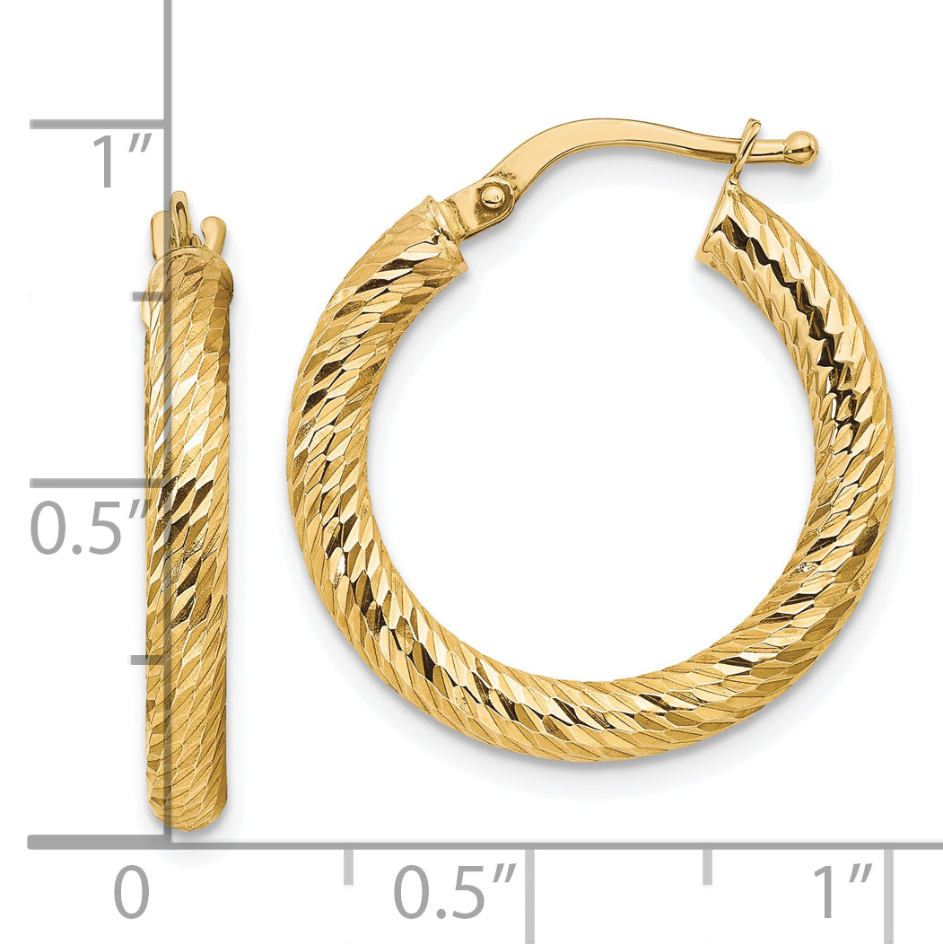 10k 3x15 Diamond-cut Round Hoop Earrings