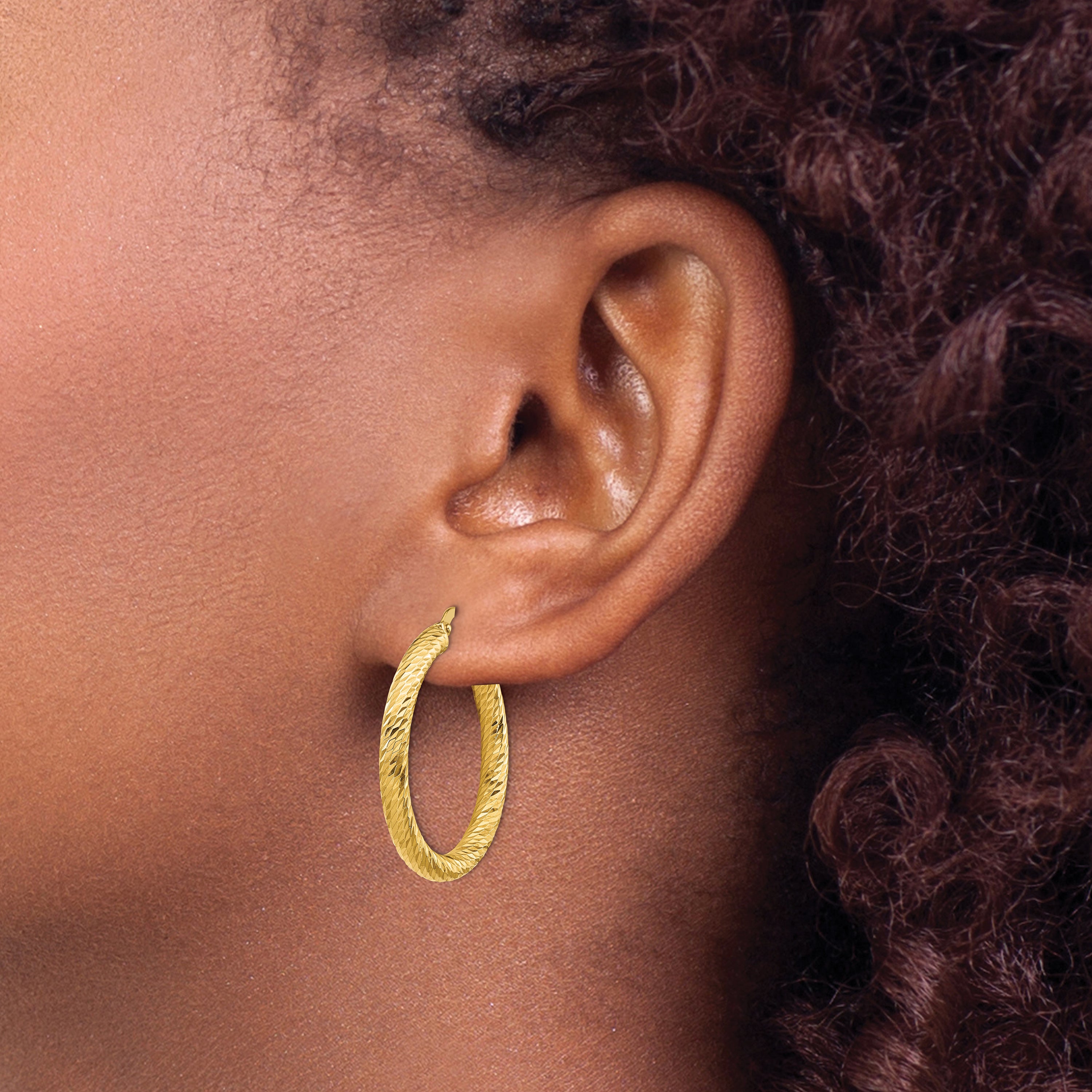 10k 3x20 Diamond-cut Round Hoop Earrings