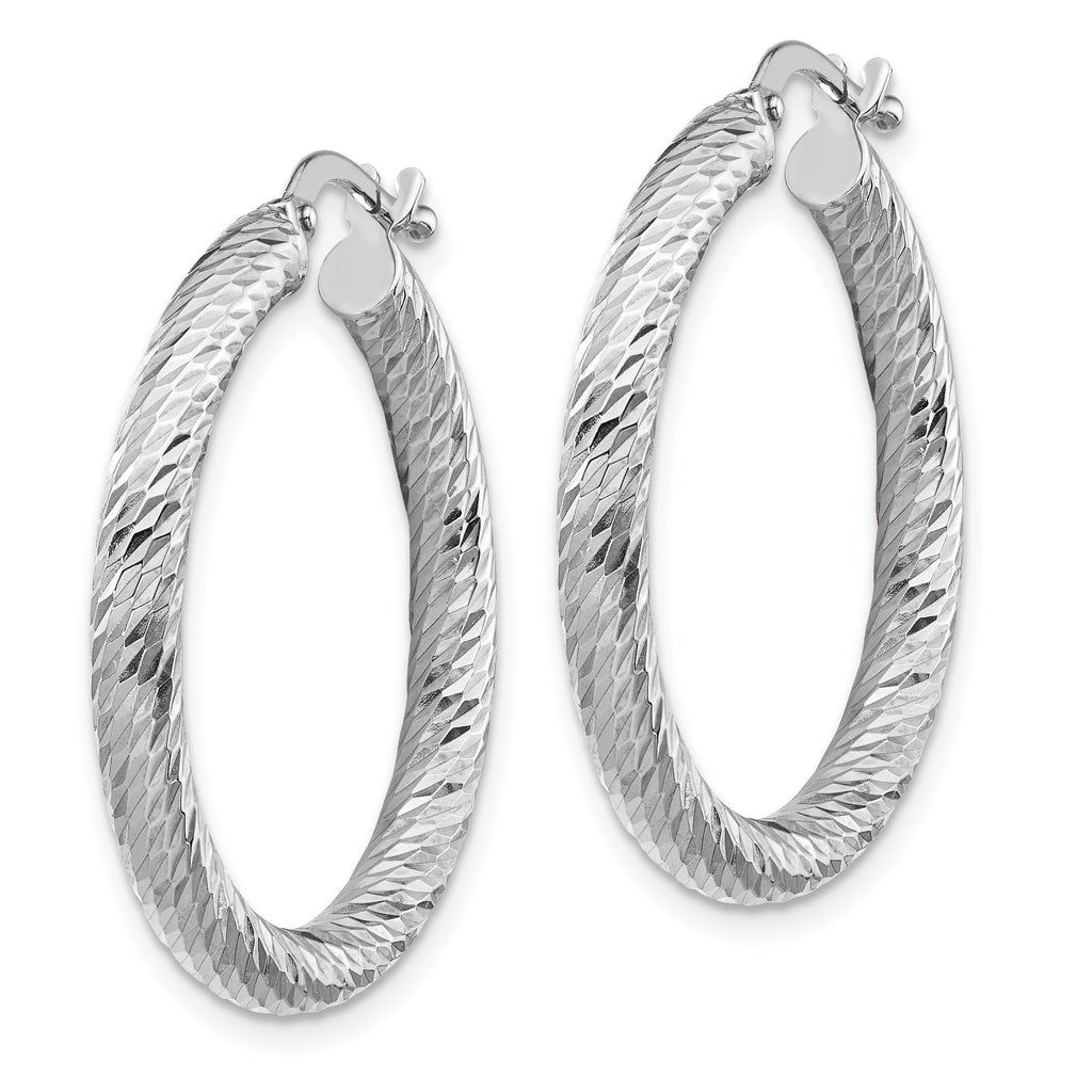 10k 3x20 White Gold Diamond-cut Round Hoop Earrings
