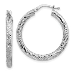 10k 3x20 White Gold Diamond-cut Round Hoop Earrings