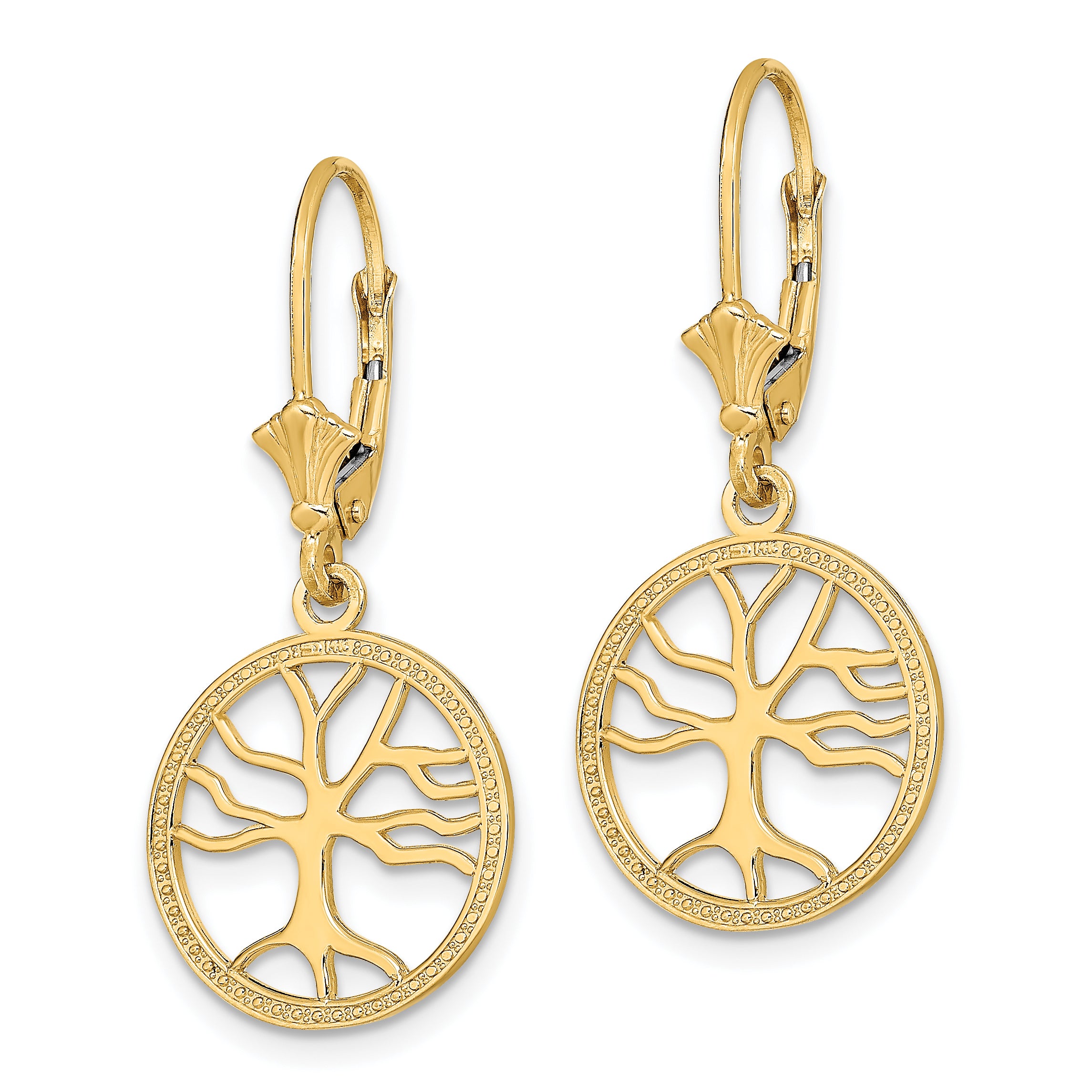 10K Tree of Life In Round Frame Leverback Earrings