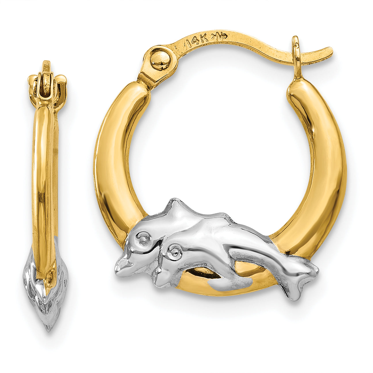 10K & Rhodium Dolphin Hoop Earrings