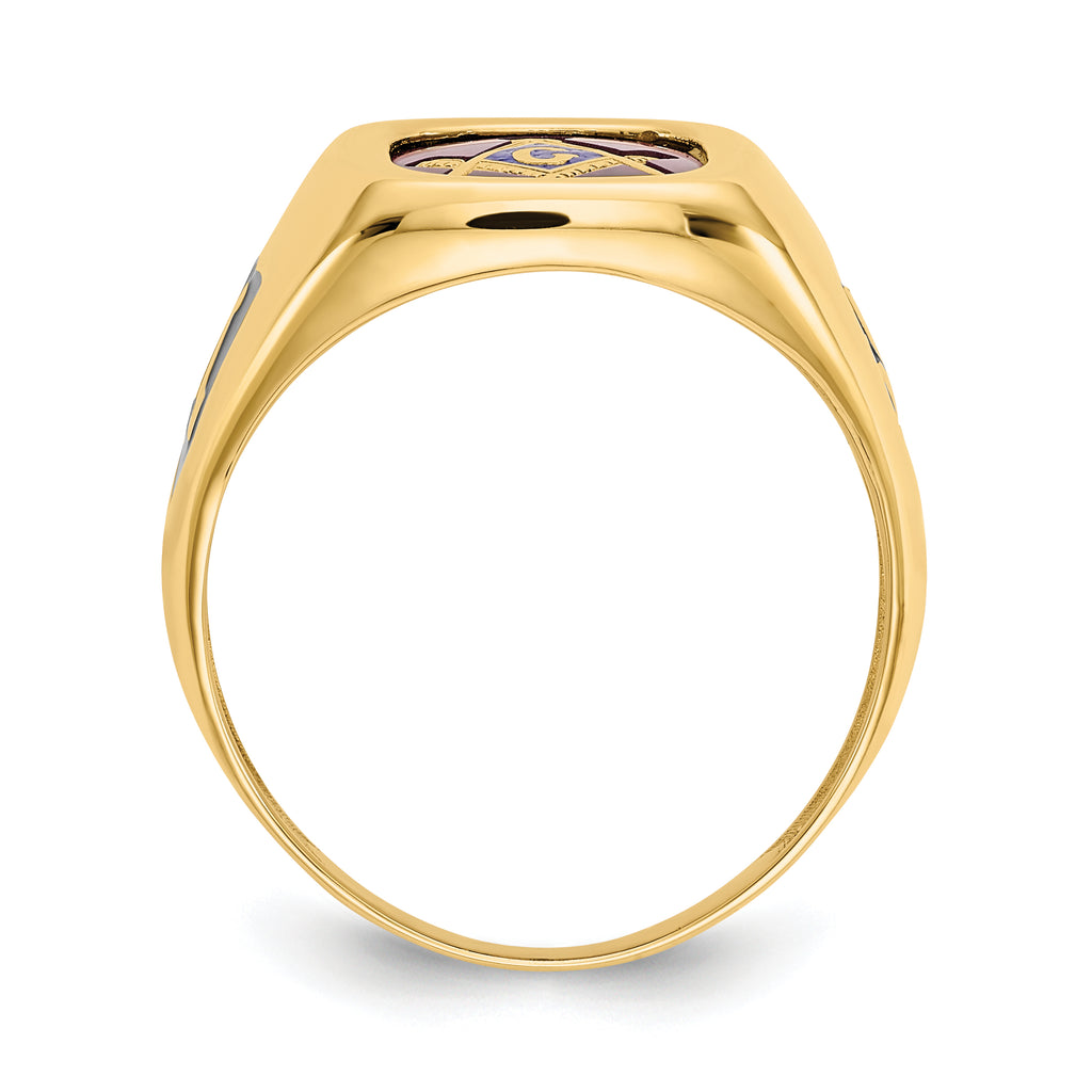 10k Men's Polished and Textured with Black Enamel and Lab Created Ruby Masonic Ring