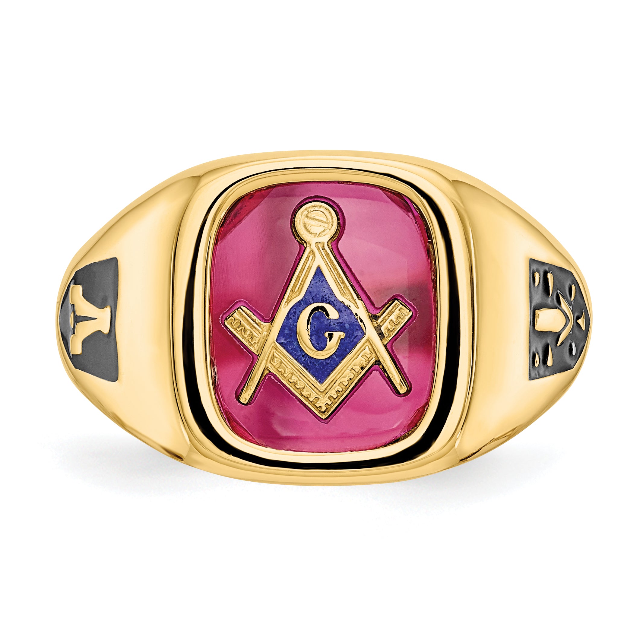 10k Men's Polished and Textured with Black Enamel and Lab Created Ruby Masonic Ring