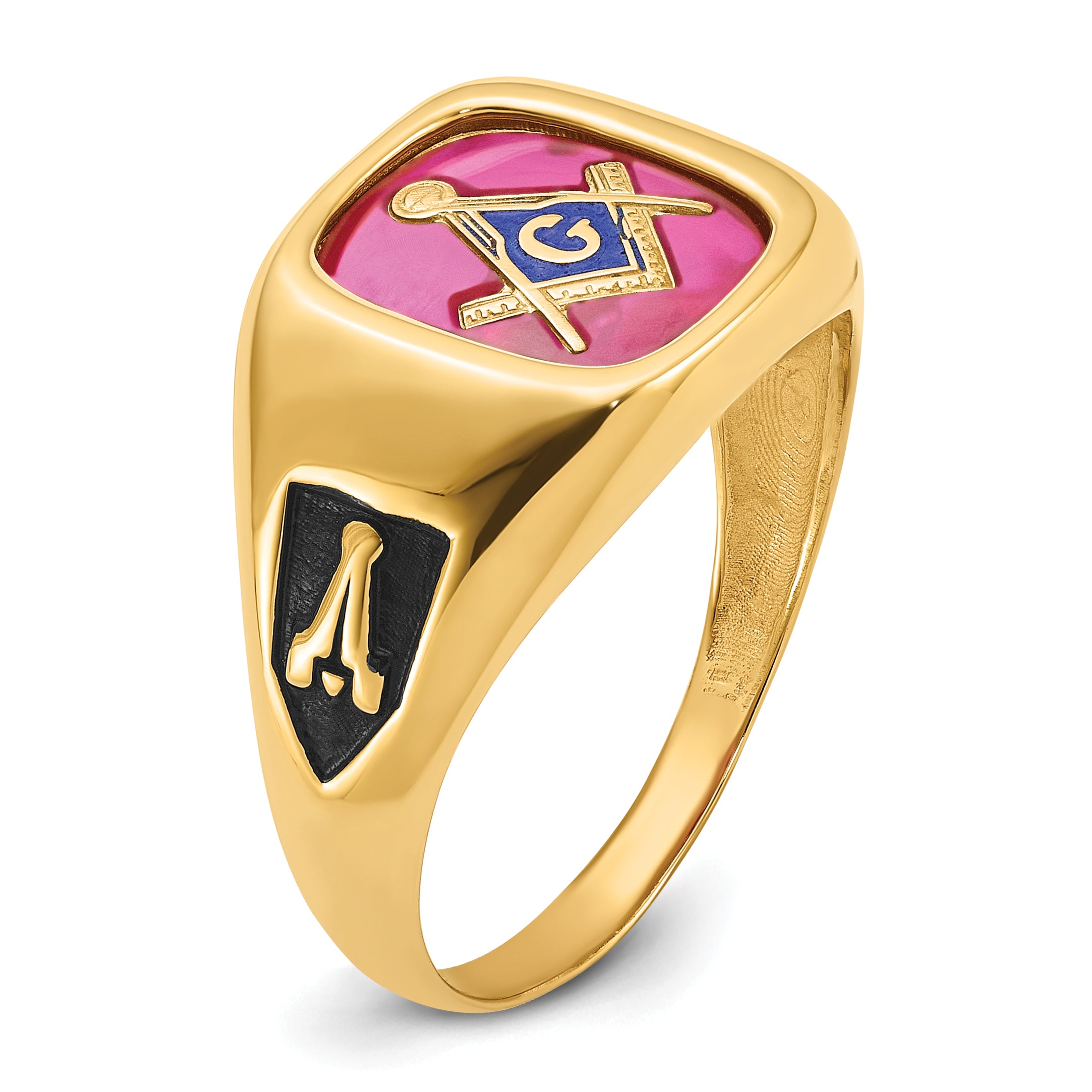 10k Men's Polished and Textured with Black Enamel and Lab Created Ruby Masonic Ring