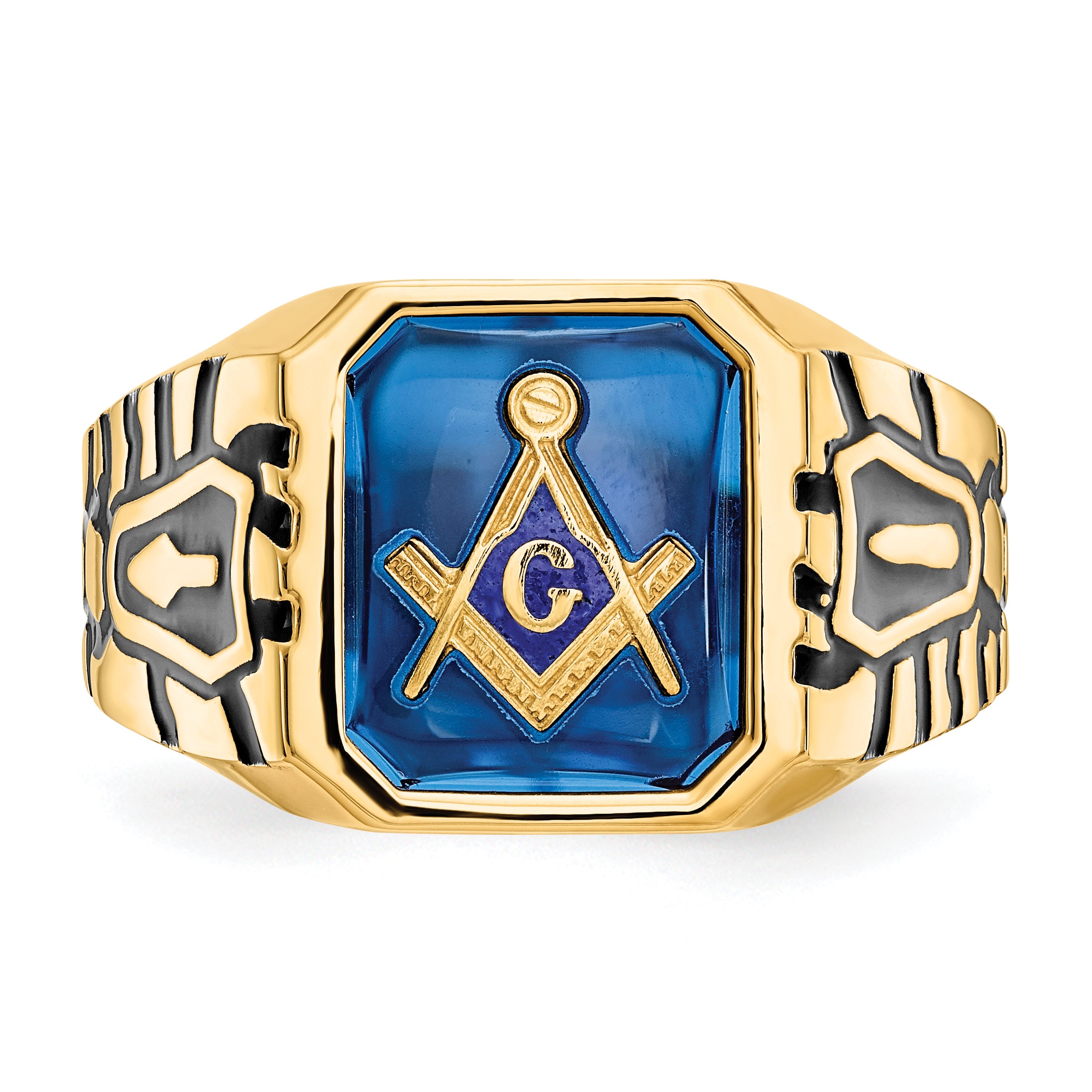 10k Men's Polished, Antiqued and Grooved with Imitation Blue Spinel Masonic Ring - 10