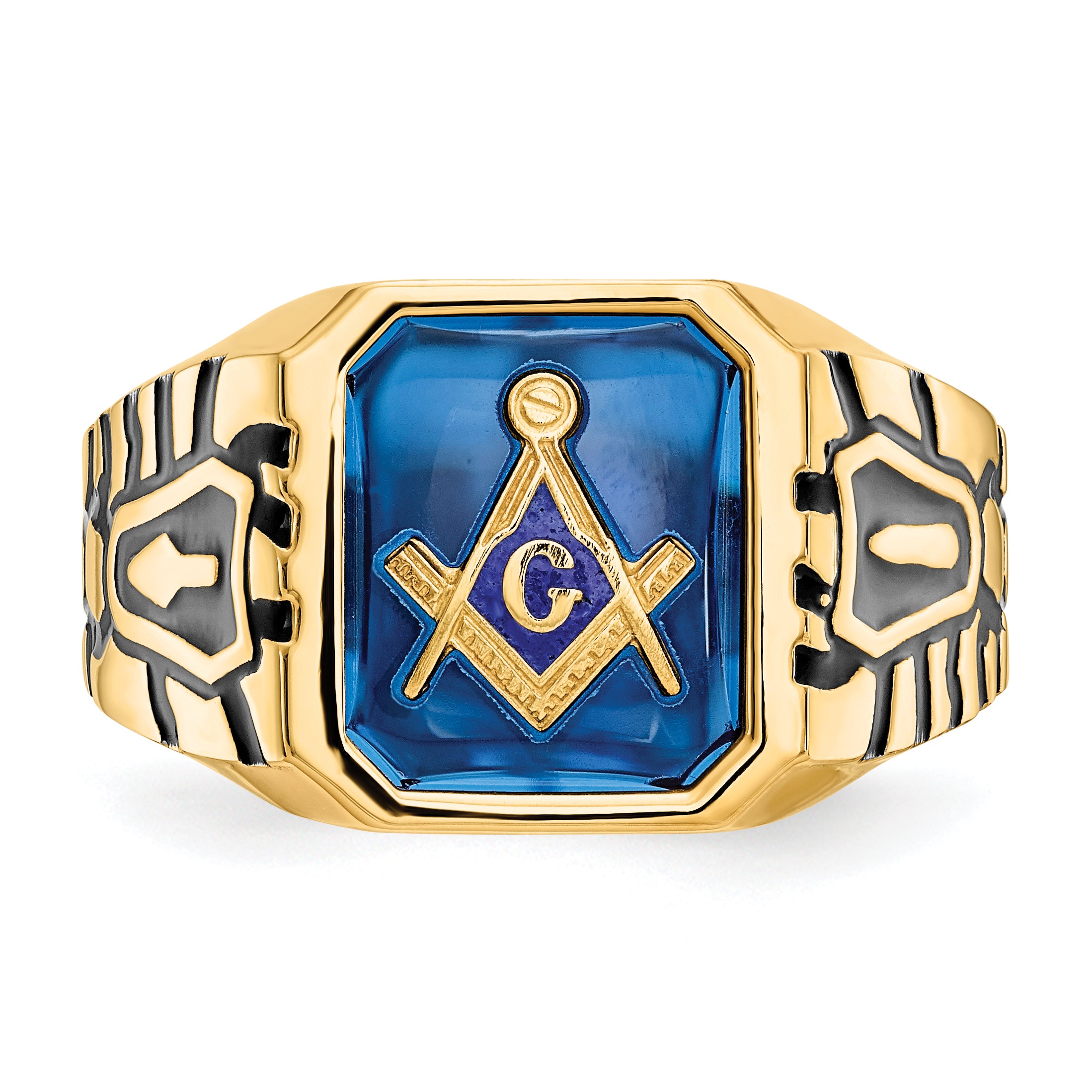 10k Men's Polished, Antiqued and Grooved with Imitation Blue Spinel Masonic Ring