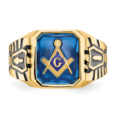 10k Men's Polished, Antiqued and Grooved with Imitation Blue Spinel Masonic Ring - 10