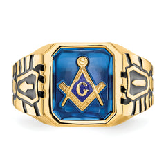 10k Men's Polished, Antiqued and Grooved with Imitation Blue Spinel Masonic Ring