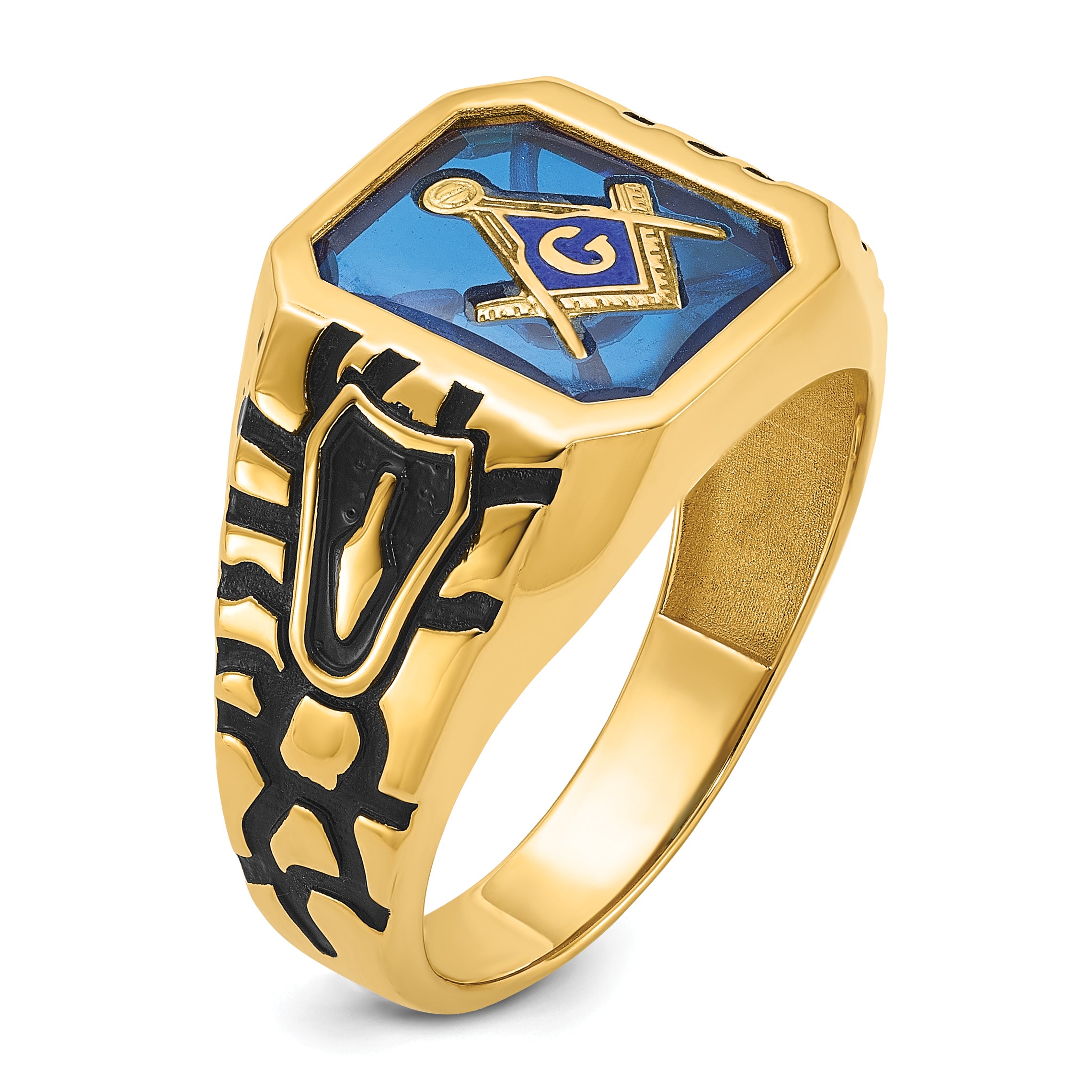 10k Men's Polished, Antiqued and Grooved with Imitation Blue Spinel Masonic Ring