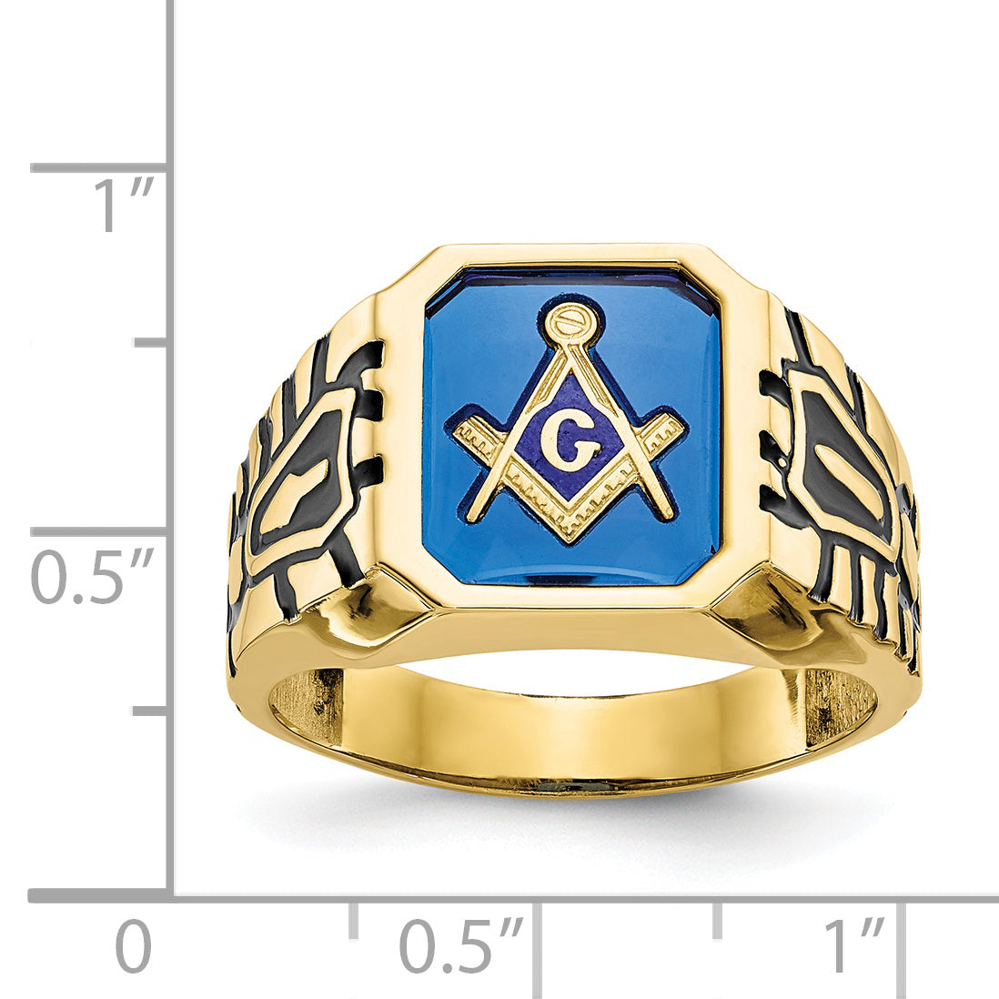 10k Men's Polished, Antiqued and Grooved with Imitation Blue Spinel Masonic Ring