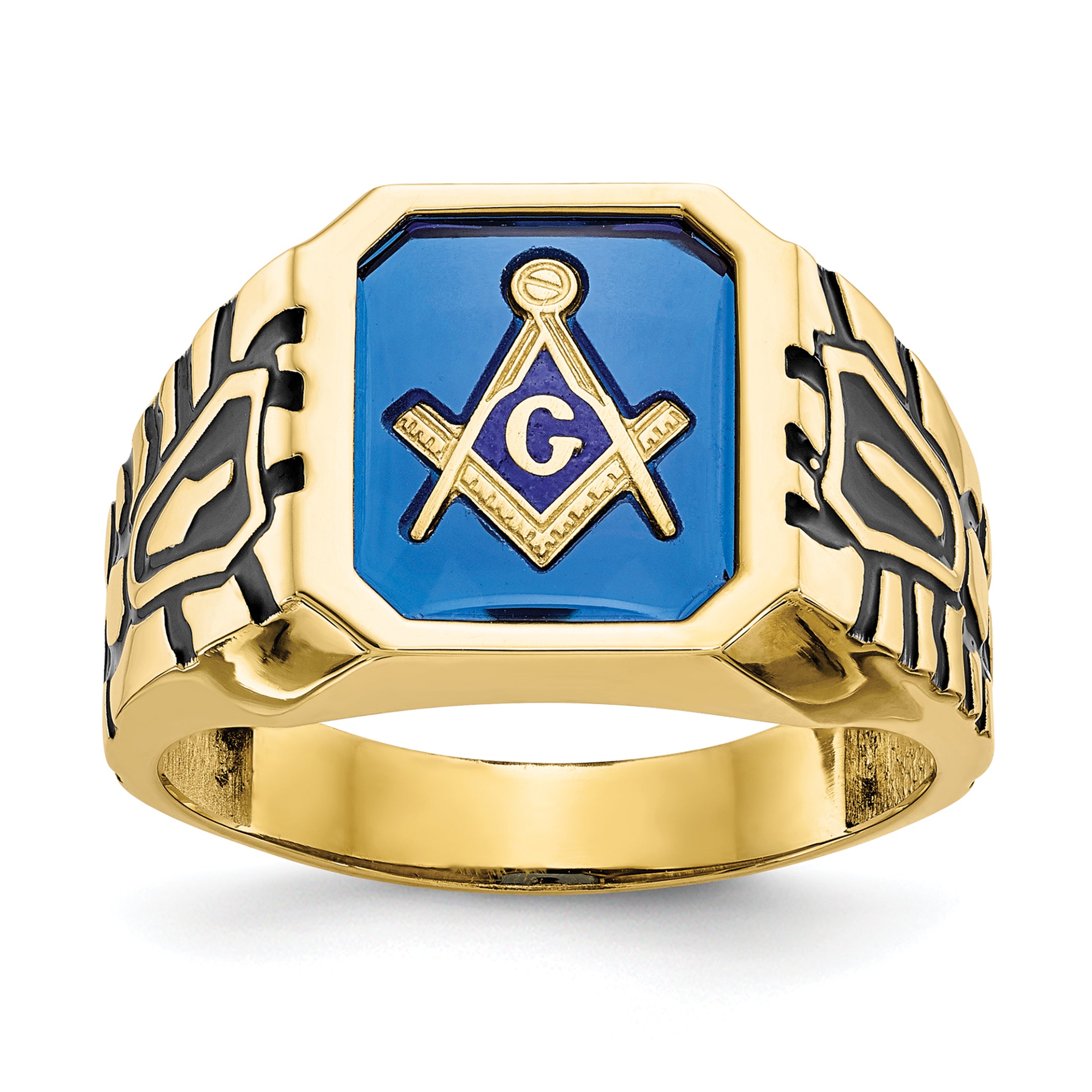 10k Men's Polished, Antiqued and Grooved with Imitation Blue Spinel Masonic Ring