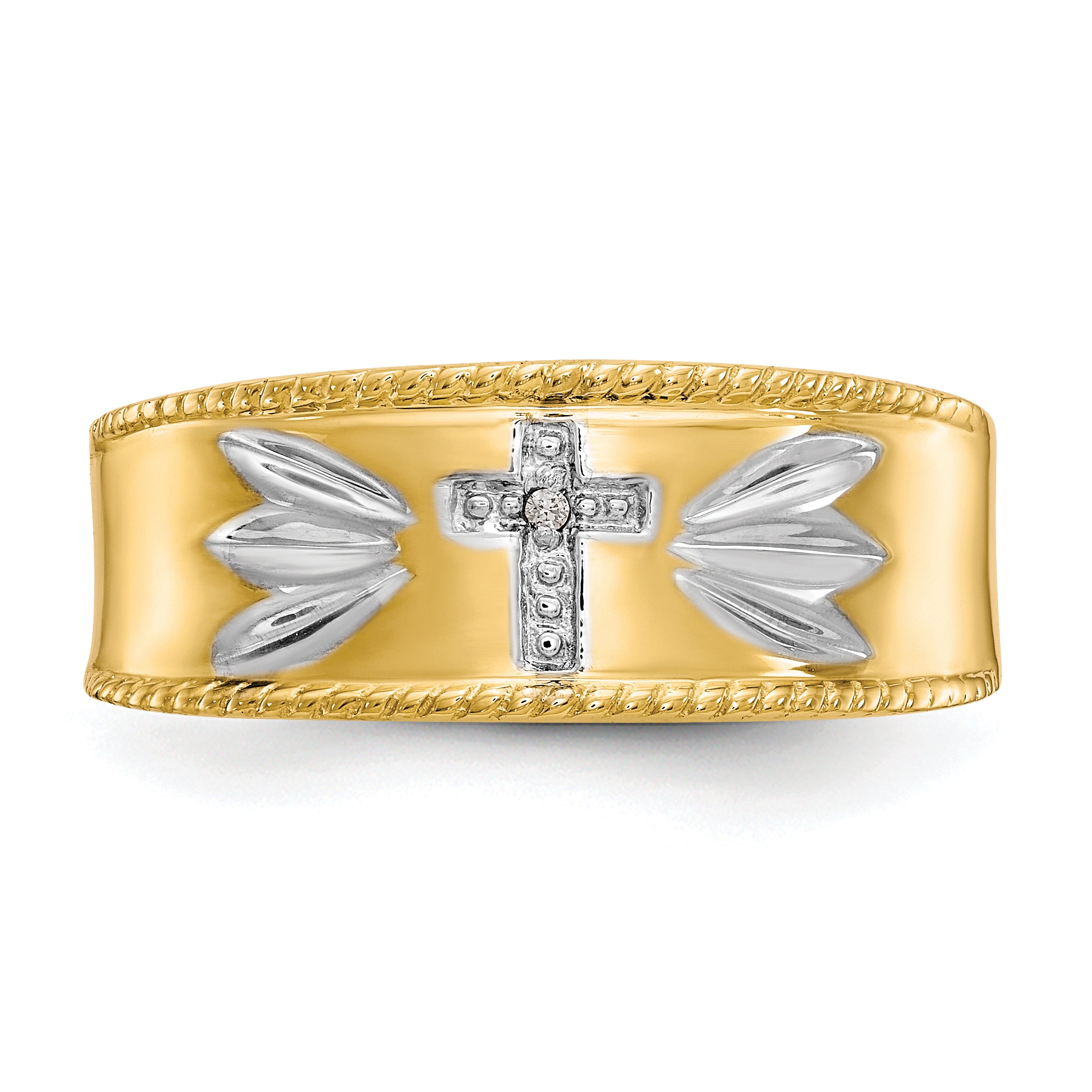 10k & Rhodium .01ct. Diamond Trio Men's Cross Wedding Band
